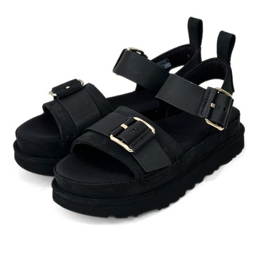 UGG Goldenstar Villa 真皮扣環輕量厚底涼鞋 女 黑 休閒寬帶素面拖鞋 夏季一腳蹬懶人鞋1167392