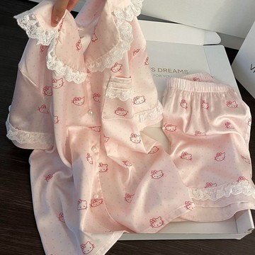 ✨臺灣出貨✨ins可愛甜美HelloKitty睡衣女夏季花邊短袖短褲美少女居家服套裝短袖 短褲 薄款ins風 家居外穿