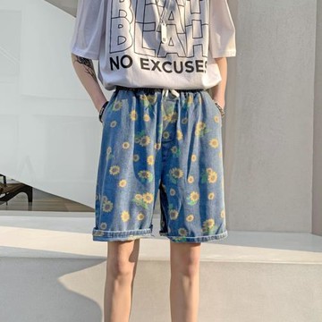 向日葵滿印牛仔短褲男夏季潮流港風寬松學生休閑百搭小雛菊五分褲
