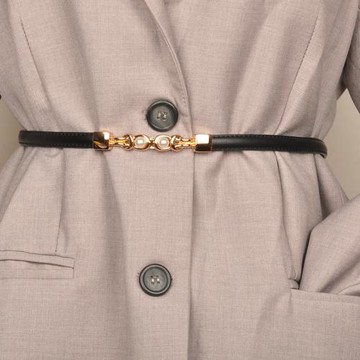 長裙配飾裙子腰帶細真皮珍珠小皮帶女款配連衣裙毛衣西裝腰鏈黑色