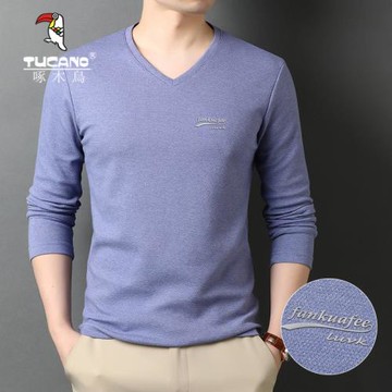 啄木鳥T恤男裝秋冬季新款休閑V領寬松打底衫男官方修身中青年上衣