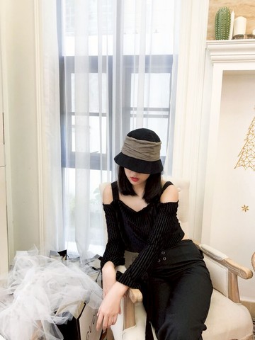 日本棉麻漁夫帽女夏日系小沿褶皺設計拼色簡約透氣薄款文藝遮陽帽1入