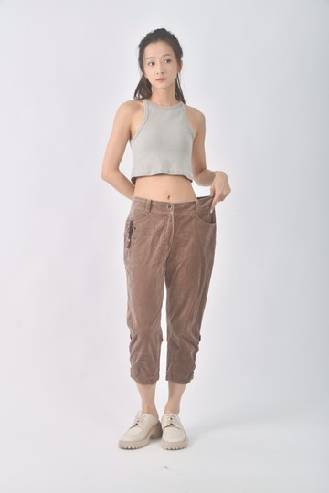 (M) deep red高腰短毛緊身棕色長褲