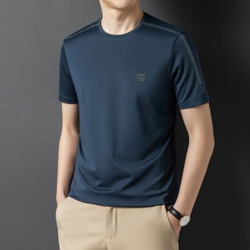 沐羊圓領短袖t恤男桑蠶絲燙鉆夏季薄款2023新款修身時尚半袖體恤