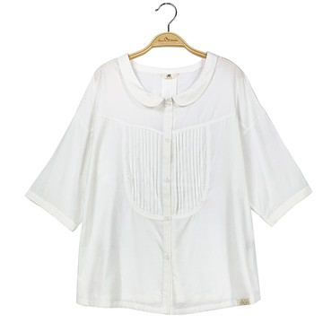 【Hana Mokuba】花木馬日系女裝娃娃領五分袖落肩壓褶上衣