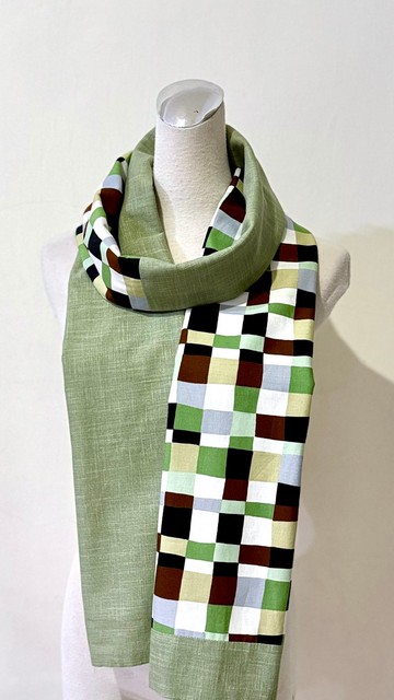 純手作日系清爽竹林綠灰黑咖啡格子日本純棉圍巾披肩