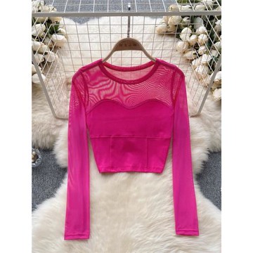 歐美純欲辣妹風長袖T恤女秋季網紗拼接短款設計感小眾氣質上衣潮