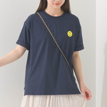 日本 OMNES - 純棉印花休閒短袖上衣-笑臉logo-深藍 (M)