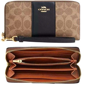 【COACH】金標馬車LOGOㄇ型拉鍊可拆手拿防刮長夾 咖啡色拼接黑