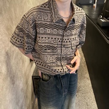 小眾復古古著感vintage短袖襯衫男潮夏季民族風廓形休閑襯衣雅痞