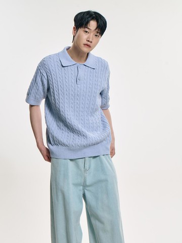 Urban Cotton Cable Collar Knit Sweater [Blue]
