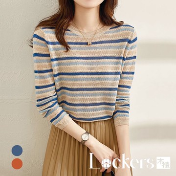 【Lockers 木櫃】秋季條紋薄款針織上衣 L111092602