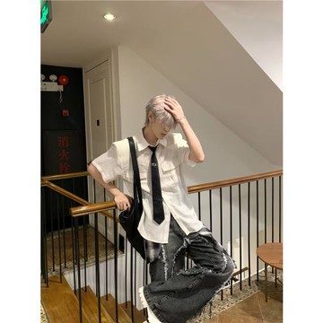 (免運)ONE Lilacfish韓系小眾美式古巴領工裝口袋短袖襯衫男女Cleanfit