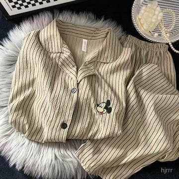 條紋米奇睡衣雲朵棉春秋長袖日係少女寬鬆高中初中生大童家居服 雲朵棉 睡衣套裝 長袖長褲 睡衣 女生休閒居家服 兩件式睡衣