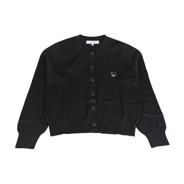 MAISON KITSUNE 布標黑字LOGO美利奴羊毛長袖圓領6釦開襟衫(女款/黑)