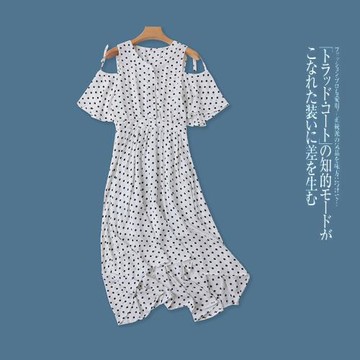 雪紡連衣裙  夏新款外貿女裝V領露肩短袖半松緊腰波點中長裙26068