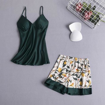 睡衣女夏季冰絲性感兩件套裝吊帶短褲胸墊薄款女士韓版背心家居服