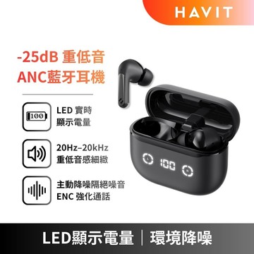 【Havit 海威特】TW984 -25dB 重低音ANC藍牙耳機 (LED顯示｜官方APP支援)