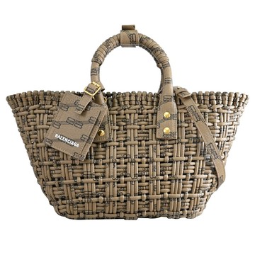 BALENCIAGA 巴黎世家 671342 Bistro XS 印花編織手提兩用包.淺棕