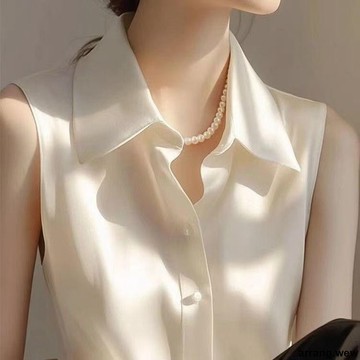 女生背心 💖💖 無袖 法式溫柔風白色緞面POLO領無袖襯衫女夏季新款百搭休閑氣質小襯衣