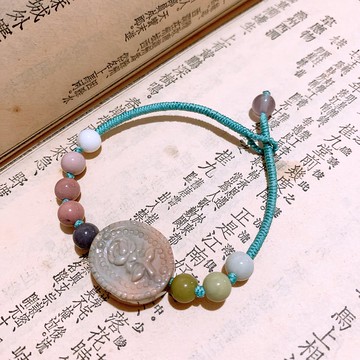 手作 青青入夢。天然阿拉善玉玫瑰花牌雕刻復古編織手繩 文藝手鏈