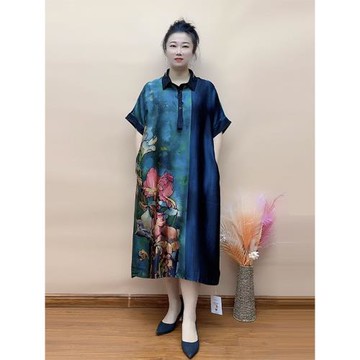 200斤加肥加大真絲連衣裙夏季新款氣質媽媽重磅桑蠶絲定位花長裙