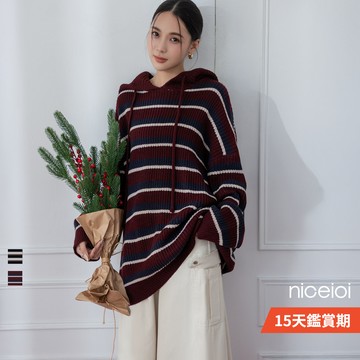 niceioi 休閒穿搭 針織帽T 落肩上衣 2色 [美式街趣落肩款抽繩連帽條紋針織上衣] 女裝 5Y54F156