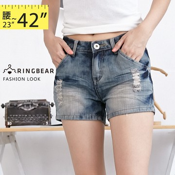 短褲--獨特個性風格褲頭單邊飾拉鍊設計前後刷破牛仔短褲(S-7L)-R122眼圈熊中大尺碼