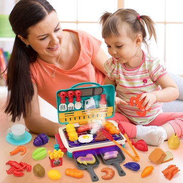 CuteStone - 兒童廚房玩具聲光燒烤爐與切切樂套裝43件套裝組合 (烤肉玩具)