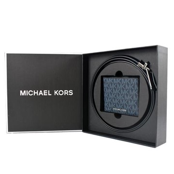 MICHAEL KORS 男款 緹花LOGO防刮短夾/雙面用皮帶禮盒-藍色