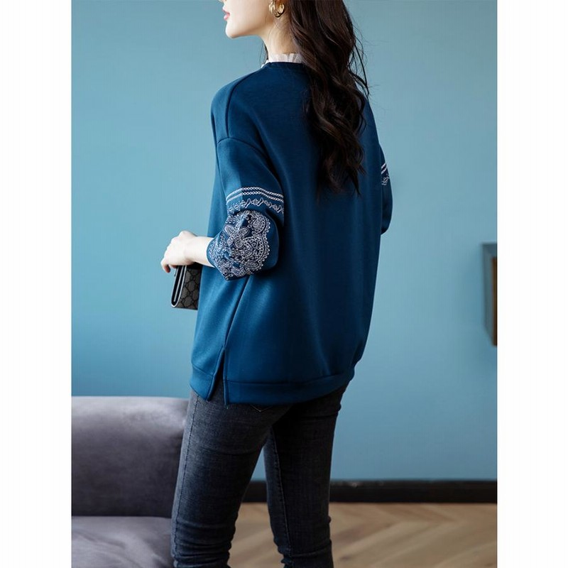 Tシャツ レディース レース かわいい 袖刺繍入り サイドベント フェイクレヤード スウェット トップス 女性 カットソー レディース Tシャツ レース かわいい サイドベント 袖刺繍入り