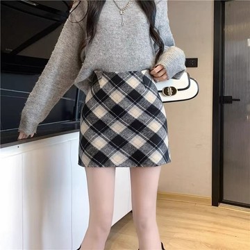 (臺灣出貨)SY毛呢半身裙格子半身裙女春秋遮胯顯瘦高腰A字裙防走光裙褲小個子包臀裙收腰高腰短裙