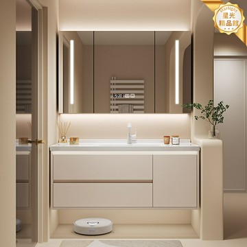 【奶油風智能鏡櫃】浴室櫃組合 洗手檯 洗漱臺 洗臉盆櫃 陶瓷一體盆 衛生間浴室櫃 多層收納 防水防潮 乾溼分離衛生間 現代簡約風格