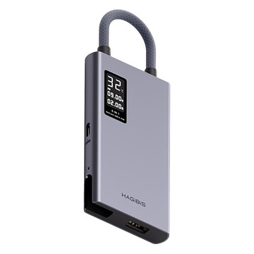 HAGiBiS 海備思 鋁合金五合一數位顯示 Type-C 多功能擴充器 - 主板溫度監控 5V/2A供電狀態 A to C轉接頭 線纜可收納  灰色  1個