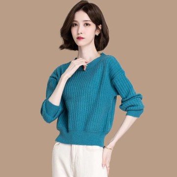 清倉福利價  低領高腰藍色毛衣女短款秋冬內搭針織打底衫寬松上衣