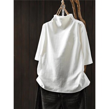 純棉寬松氣質時尚T恤洋氣半高領休閑韓版上衣夏季百搭五分袖女裝