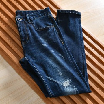 一線撤柜牛貨！水洗磨白彈力！外貿男裝秋冬休閑百搭破洞牛仔長褲