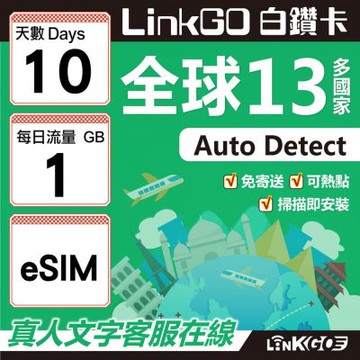 LINKGO白鑽卡 全球13國 eSIM卡 10天上網卡 每日1GB(全球網卡 亞太區 紐西蘭 澳洲 通行無限)