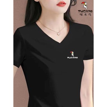 啄木鳥純棉T恤衫女士2025新款夏季薄款媽媽黑色V領短袖體恤