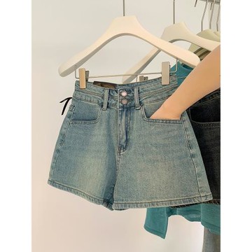 美式高腰牛仔短褲女冬季2025年新款高級闊腿超短褲藍色a字熱褲子