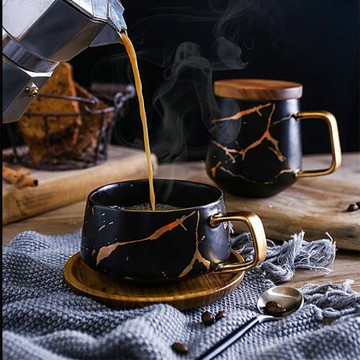 北歐風大理石紋啞光金品系列 日式黑白陶瓷杯碟茶杯咖啡杯配木碟