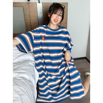 藍色條紋短袖睡裙女夏季長款純棉寬松大碼孕婦胖妹妹睡衣家居服