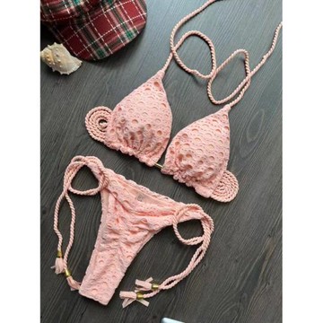 系帶掛脖三點式比基尼歐美辣妹抽繩分體泳衣三角杯泳裝顯瘦bikini
