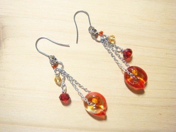 柚子林琉璃 - 若葉 - 耳環 - 琥珀色 x 紅 - 可改夾式