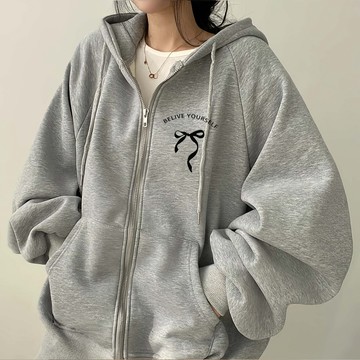 蝴蝶結印花  連帽拉鏈衛衣女  秋冬加絨加厚拉鏈外套女  內刷毛保暖上衣  連帽衛衣  開衫外套  大碼女裝  ZD