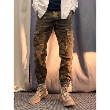 美式復古工裝褲子男寬松潮牌束腳褲登山春秋款純棉男士迷彩休閑褲