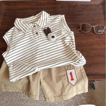 Healthy baby 男童套裝夏裝夏季新款兒童背心洋氣條紋無袖... 男童套装 短袖套装 大學T套