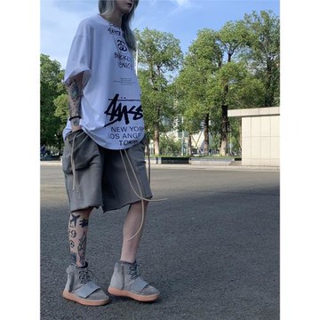 Urinie19美式五分褲短衛褲灰綠色高街拼接ro垮褲男灰綠抽繩寬松