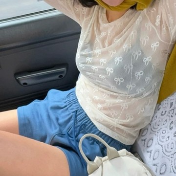 Muun Studio 春夏新款韓國INS可愛日系彈性網紗蝴蝶結長袖打底衫內搭T恤