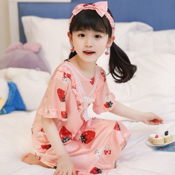 女童睡衣親子母女裝夏季短袖可愛花邊公主風冰絲薄款真絲連體睡裙